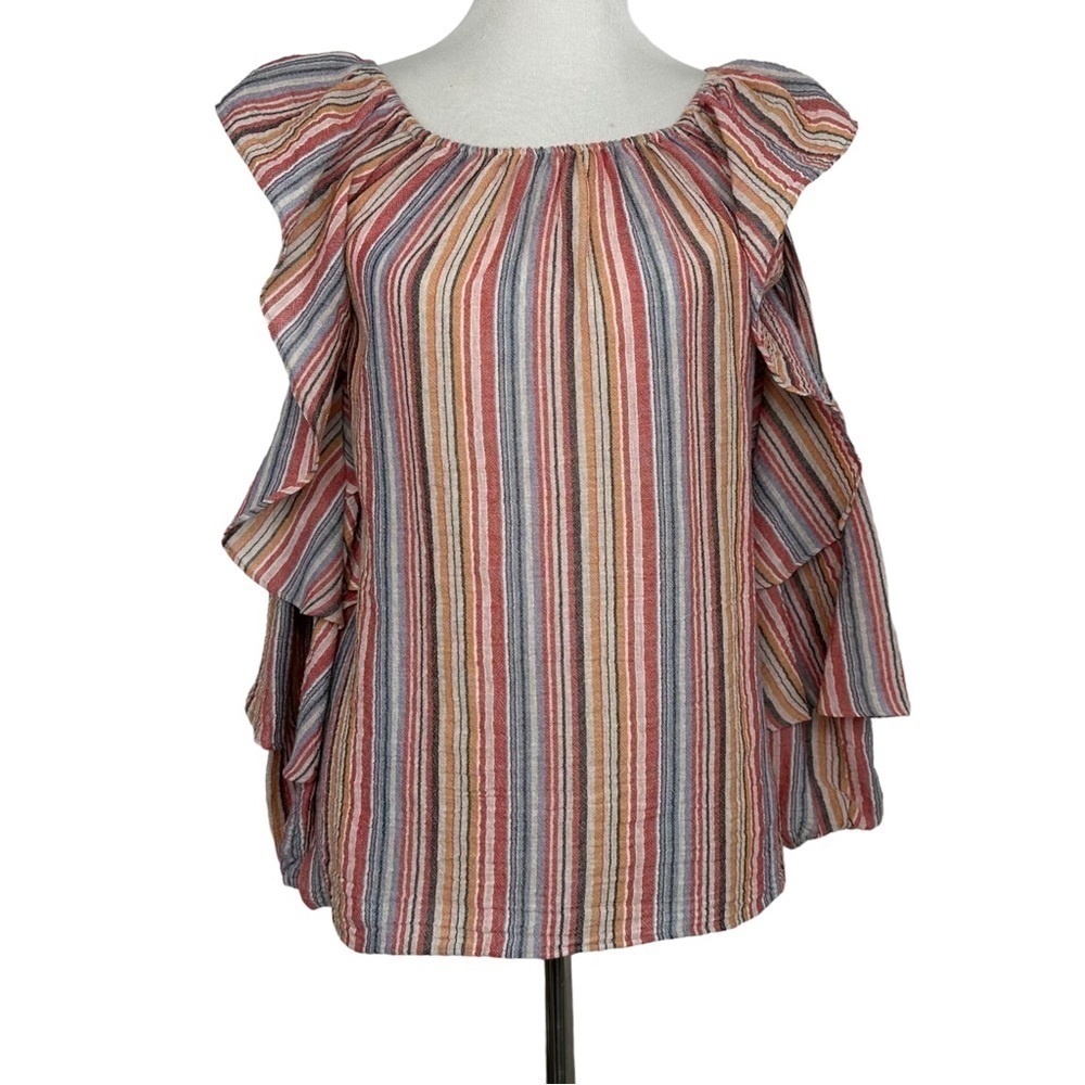Drew Womens Mish Stripe Cold Shoulder Top Sz Multicolor Long Ruffle Sleeve